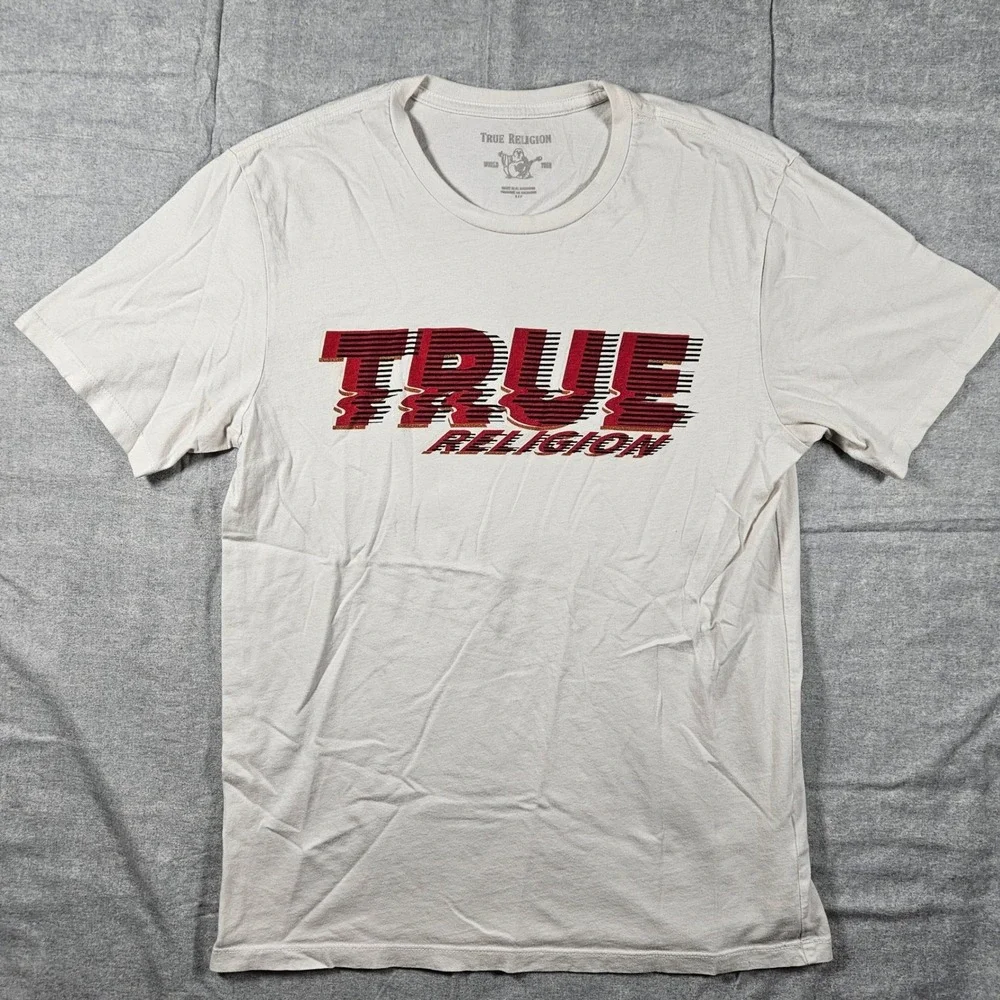 True Religion Mens Graphic T-Shirt White Red Black Glitch‎ Logo SZ Small Cotton